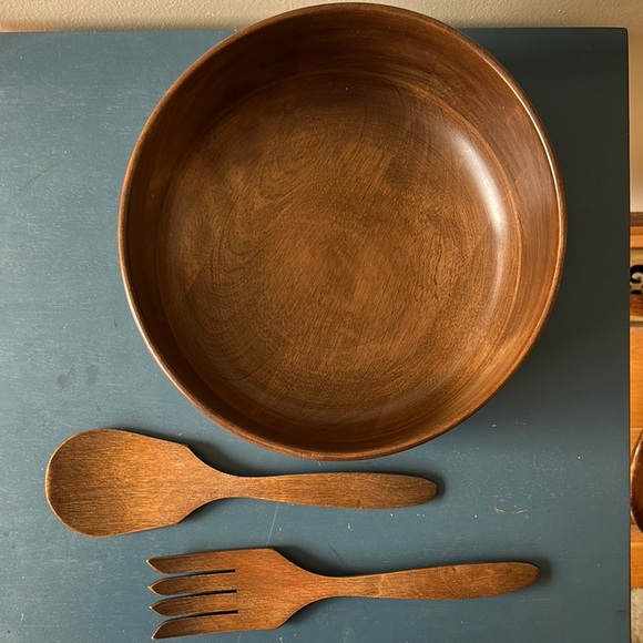 Woodbury’s Woodenware Wooden Salad Bowl and Serving Utensils Excellent Condition - Picture 2 of 10